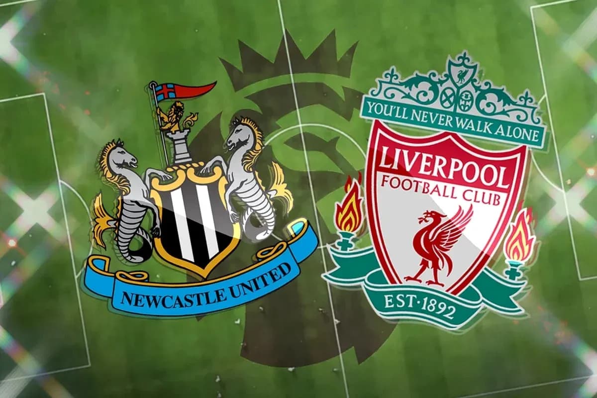 Logos of Newcastle United and Liverpool FC on pitch Logos of Newcastle United and Liverpool FC on pitch