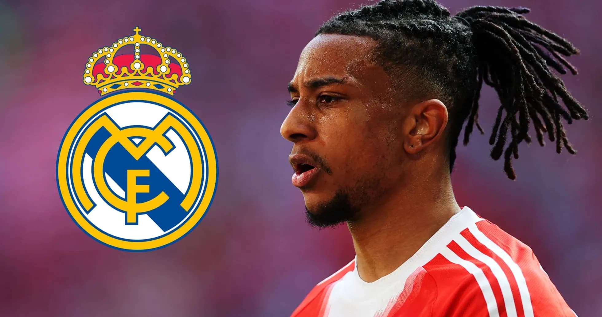 Player in red jersey with Real Madrid logo background Player in red jersey with Real Madrid logo background