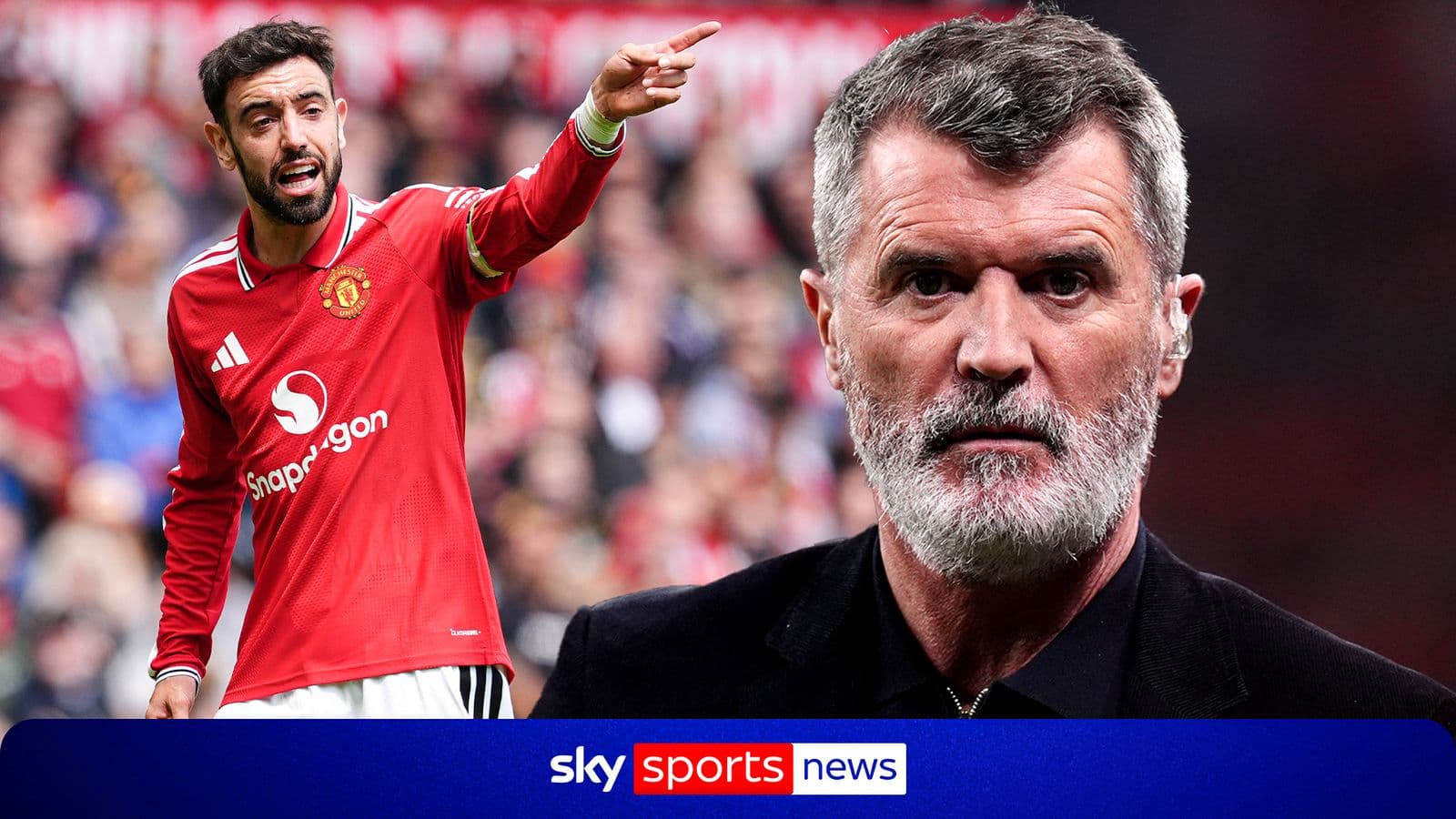 Bruno Fernandes gesturing during a match with Roy Keane Bruno Fernandes gesturing during a match with Roy Keane