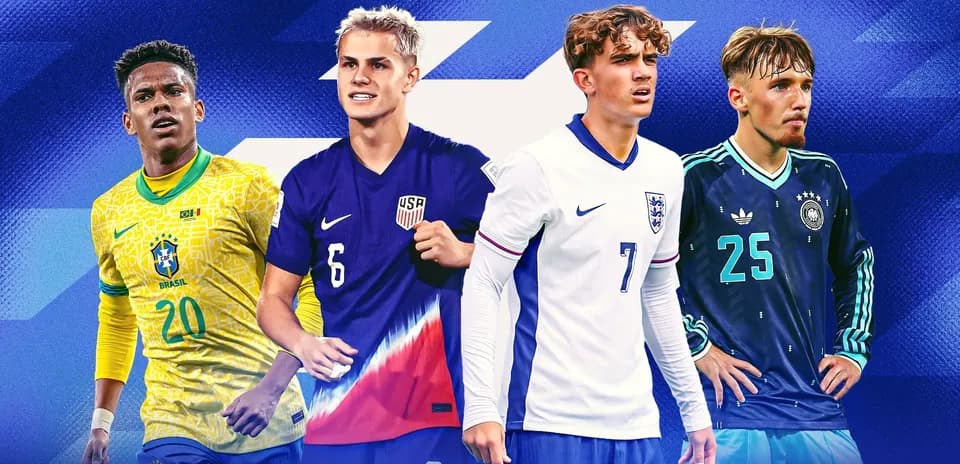 Four young soccer players in national team jerseys Four young soccer players in national team jerseys
