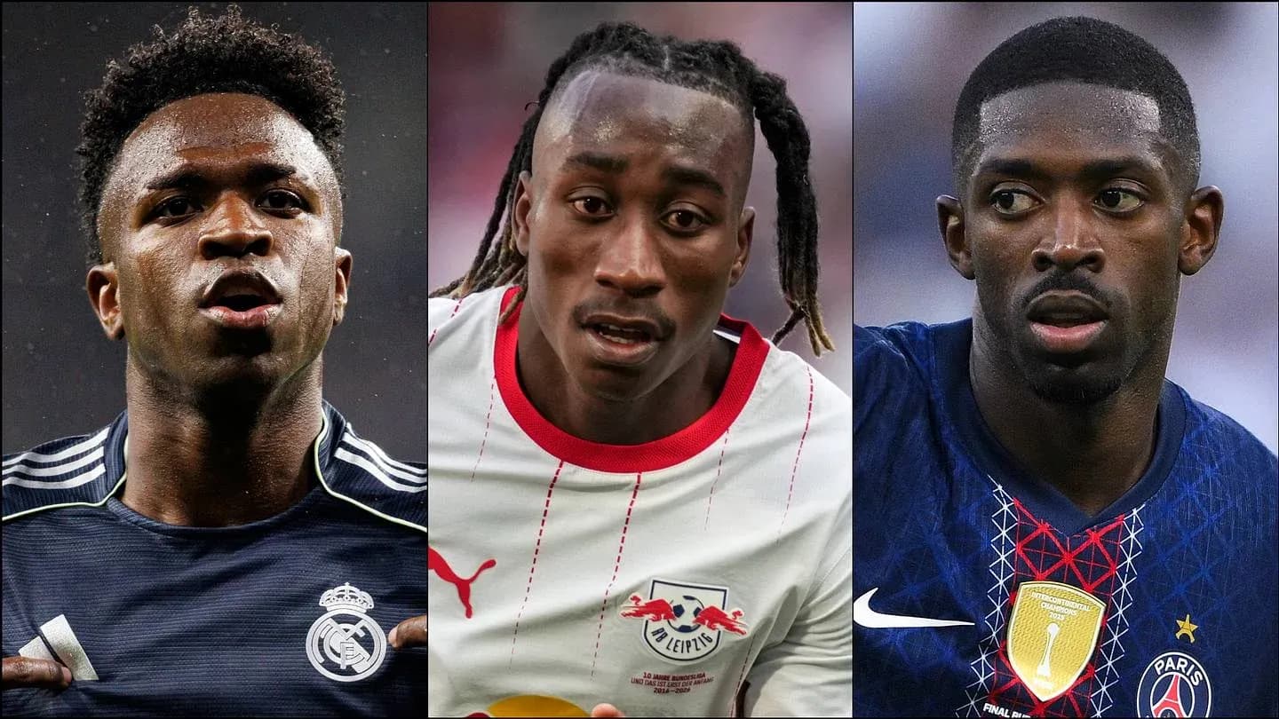 Three football players from different clubs in action Three football players from different clubs in action
