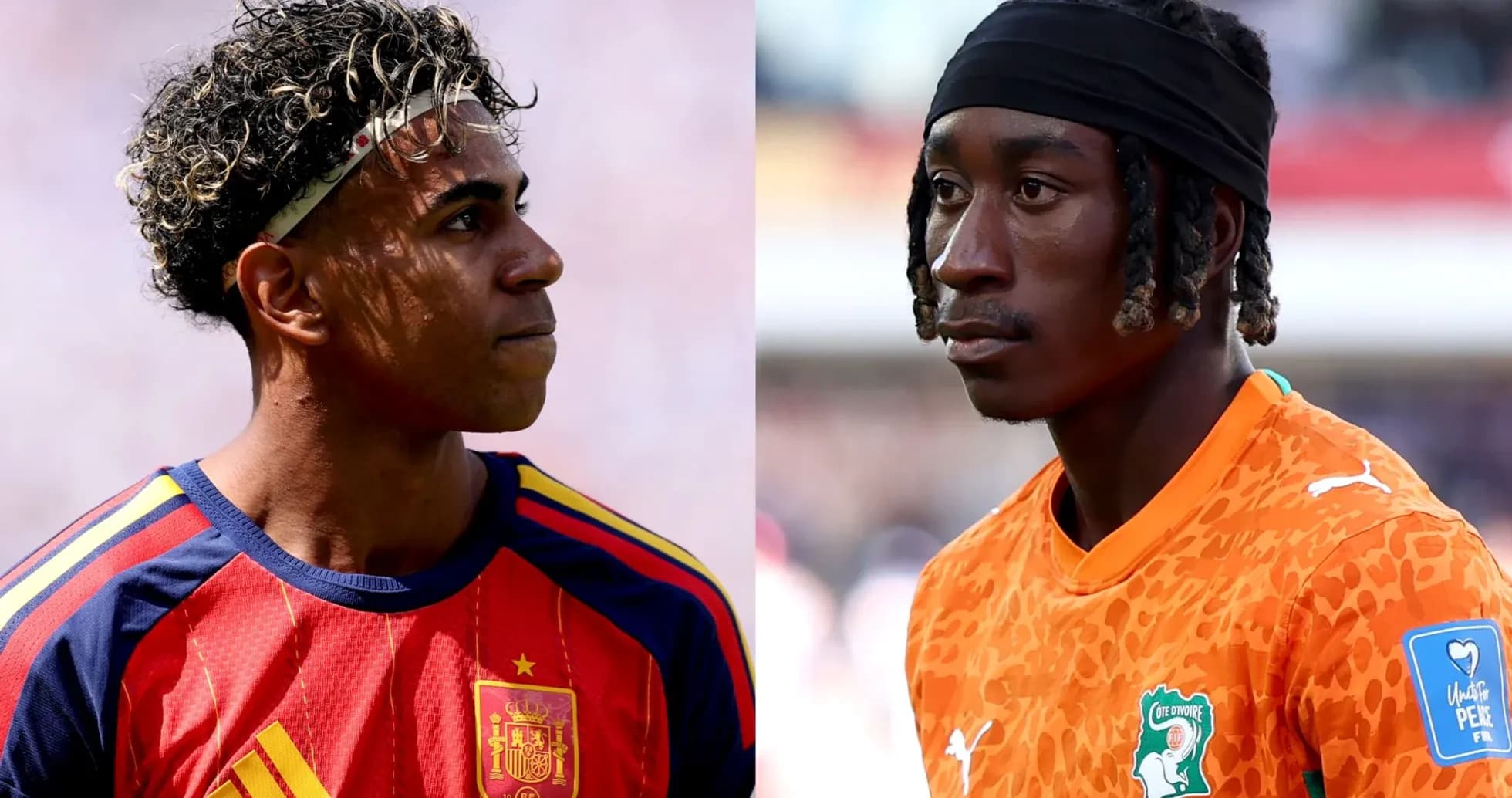 Two soccer players in team jerseys facing each other Two soccer players in team jerseys facing each other