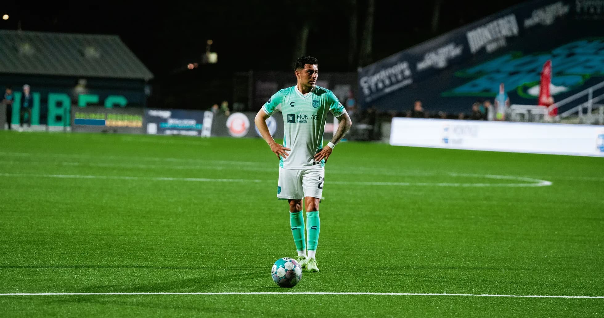 Monterey Bay player preparing for a free kick Monterey Bay player preparing for a free kick