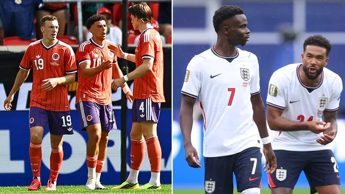 Colombia and England players interacting on the pitch Colombia and England players interacting on the pitch
