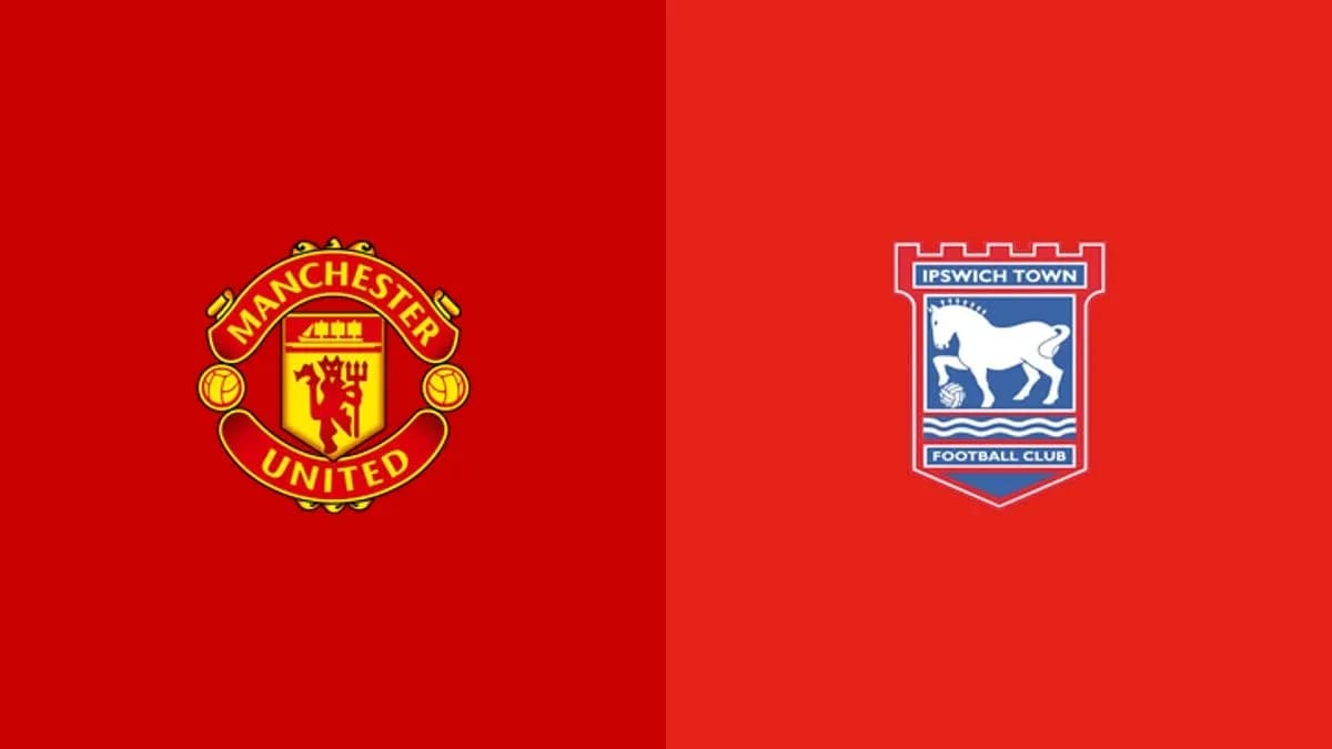 Manchester United and Ipswich Town logos on red background Manchester United and Ipswich Town logos on red background
