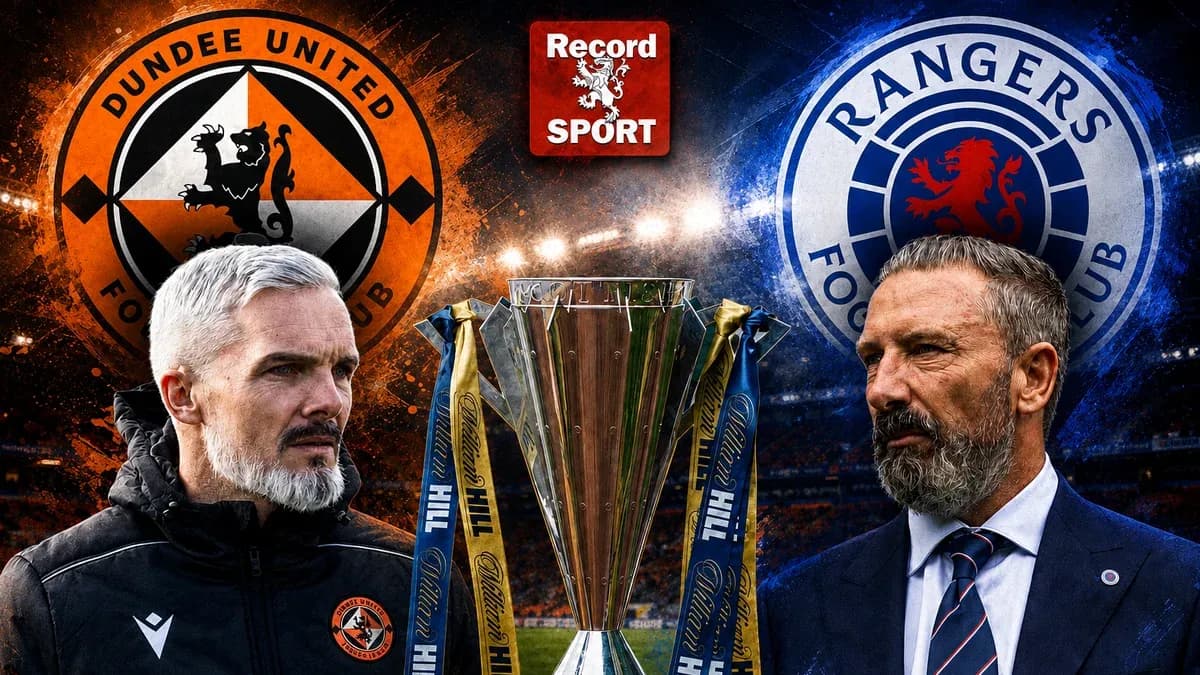 Dundee United and Rangers managers with trophy backdrop Dundee United and Rangers managers with trophy backdrop