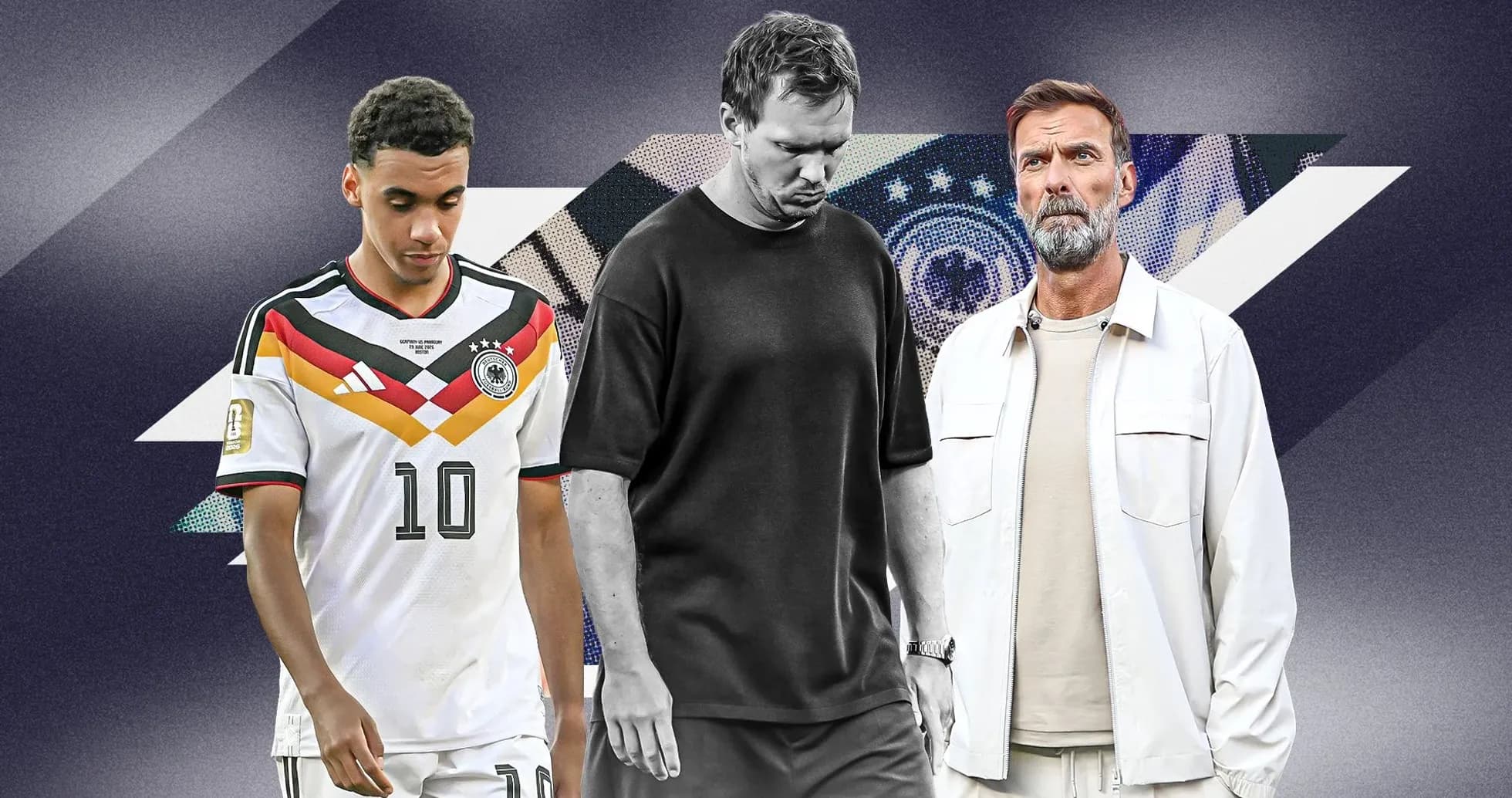 Three men in soccer attire and casual wear Three men in soccer attire and casual wear