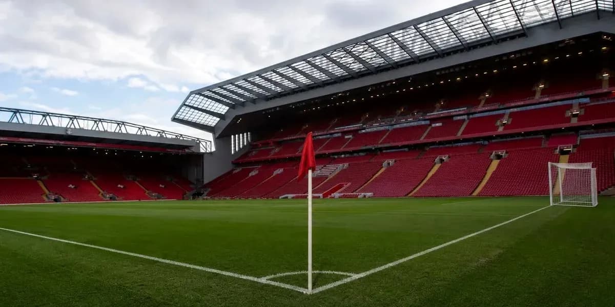 Empty football stadium with corner flag and goal Empty football stadium with corner flag and goal