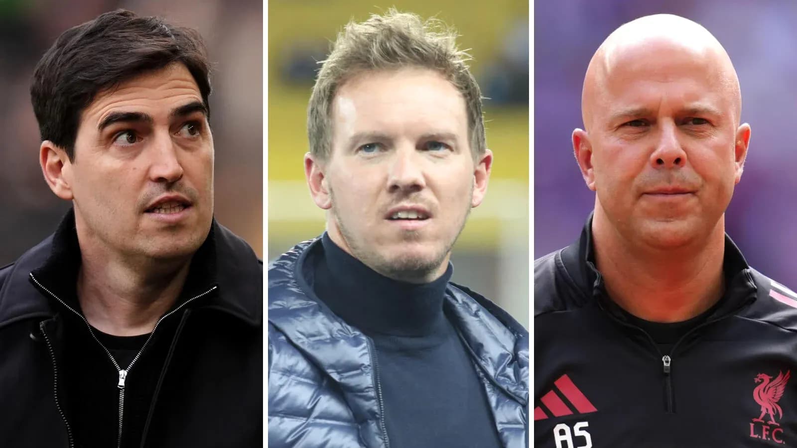 Three football managers in casual attire Three football managers in casual attire