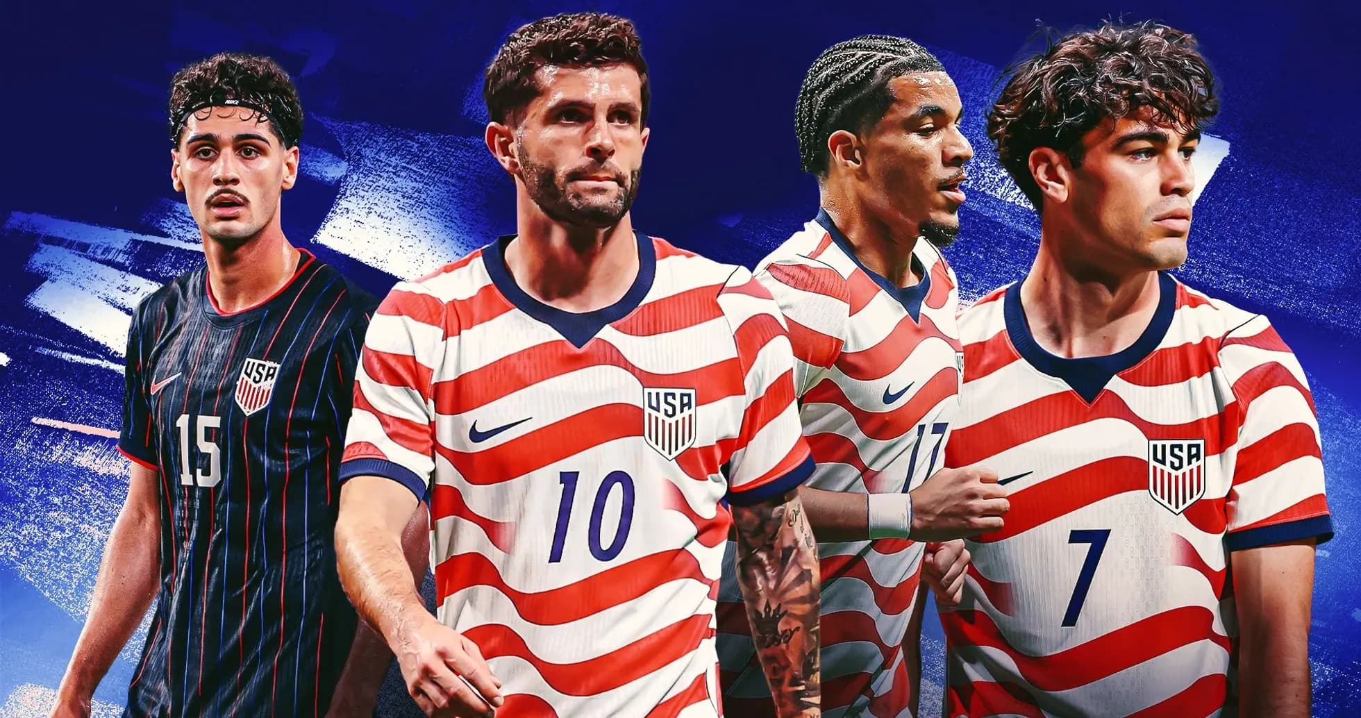 Four USA soccer players in striped jerseys Four USA soccer players in striped jerseys