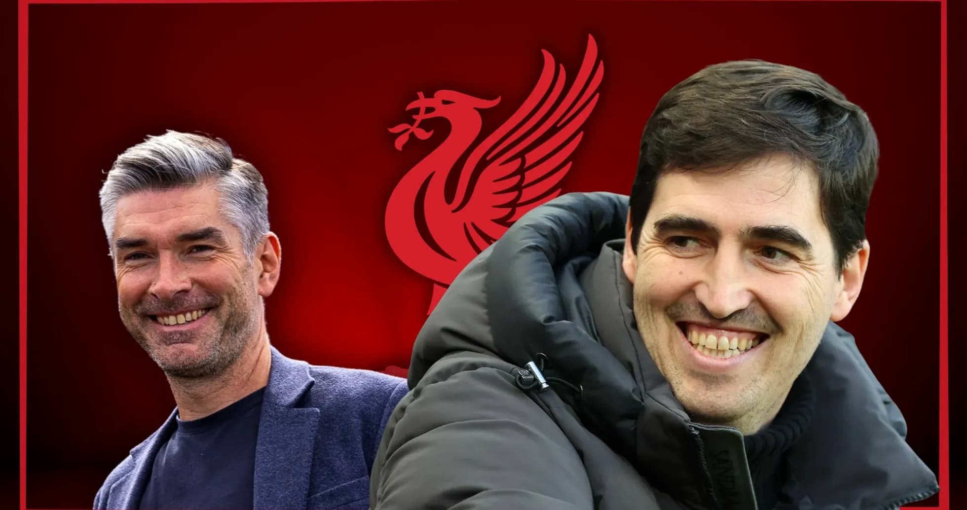 Two football managers smiling against Liverpool background Two football managers smiling against Liverpool background