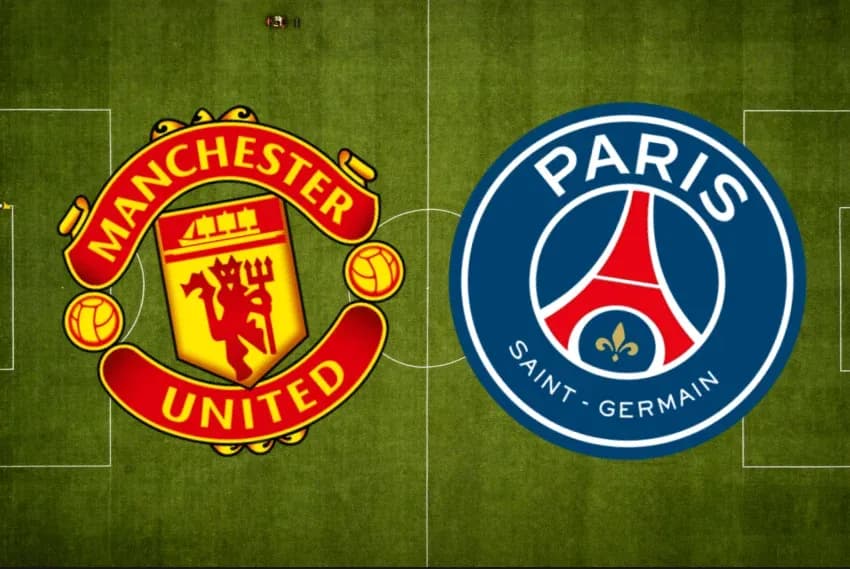 Manchester United and Paris Saint-Germain logos on field Manchester United and Paris Saint-Germain logos on field