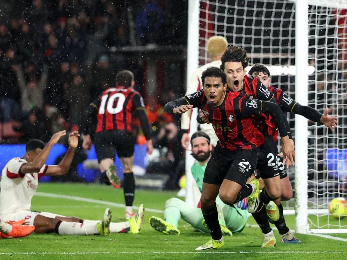 Bournemouth players celebrating a goal against Liverpool Bournemouth players celebrating a goal against Liverpool