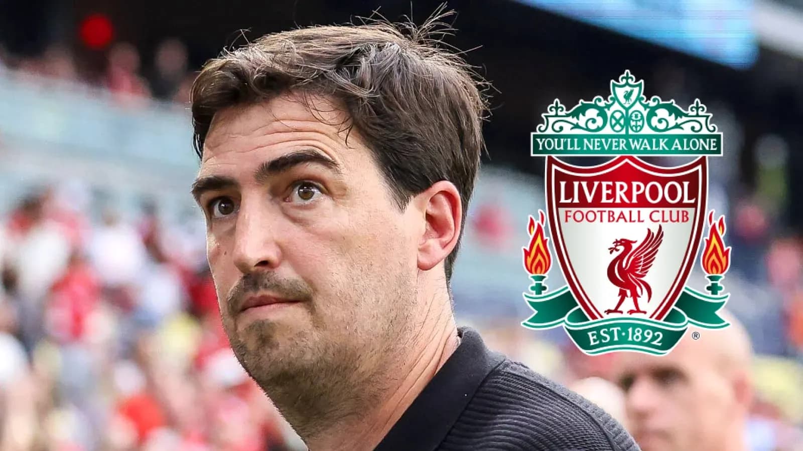 Person looking towards the Liverpool FC logo Person looking towards the Liverpool FC logo