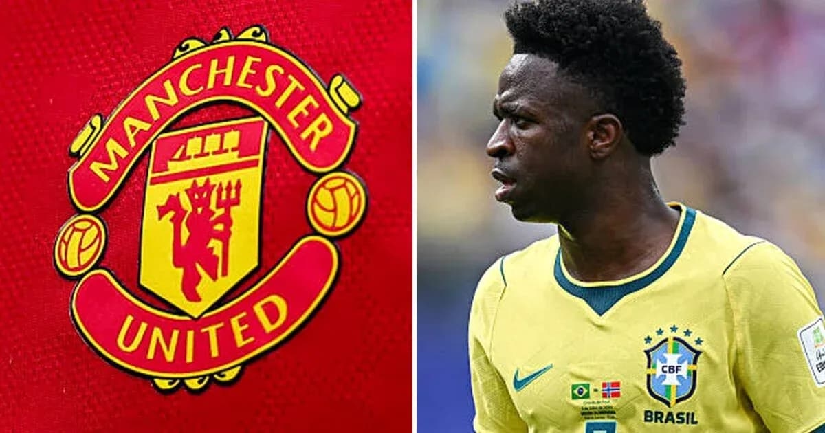 Manchester United logo and Vinicius Junior in action Manchester United logo and Vinicius Junior in action