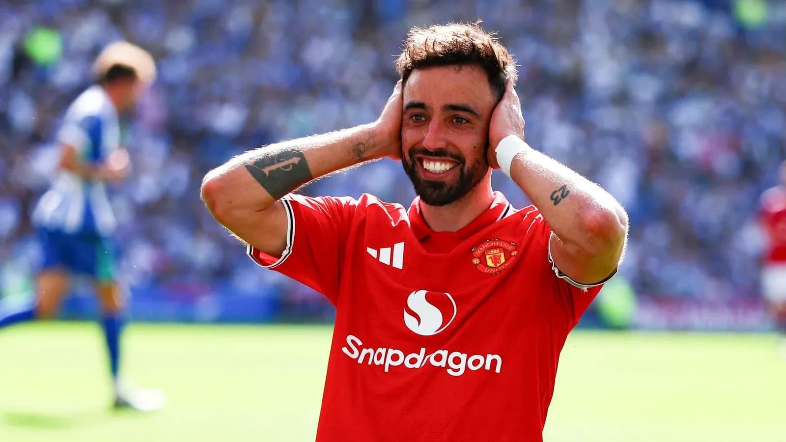 Bruno Fernandes celebrating during Manchester United match Bruno Fernandes celebrating during Manchester United match